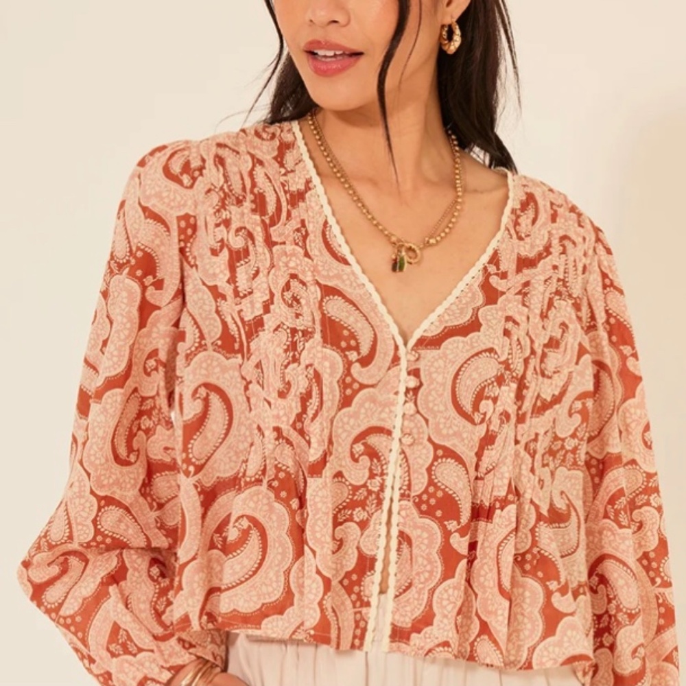 Bila Rust Paisley V-Neck Button Front Blouse